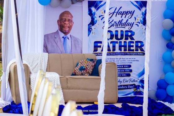 The Happy Birthday Our Father backdrop prepared for Founder's Day